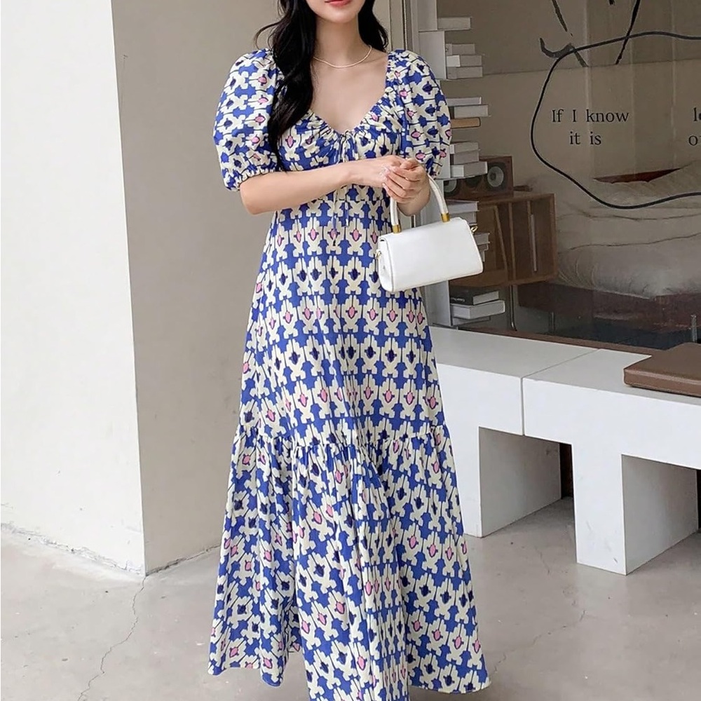 Zara Blue and White Patterned Maxi Dress